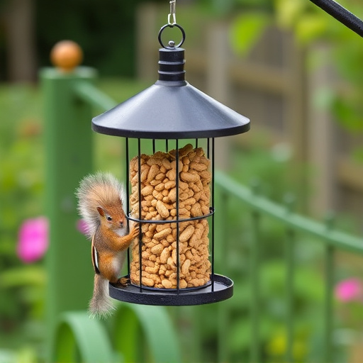 Squirrel-proof peanut feeder hanging in garden