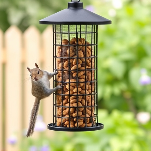 Squirrel-proof peanut feeder hanging in garden