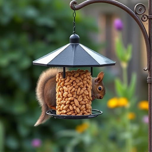 Squirrel-proof peanut feeder hanging in garden