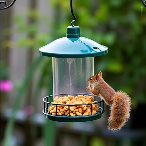 Squirrel-proof peanut feeder hanging in garden