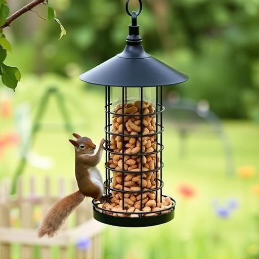 Squirrel-proof peanut feeder hanging in garden