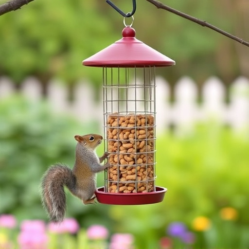 Squirrel-proof peanut feeder hanging in garden