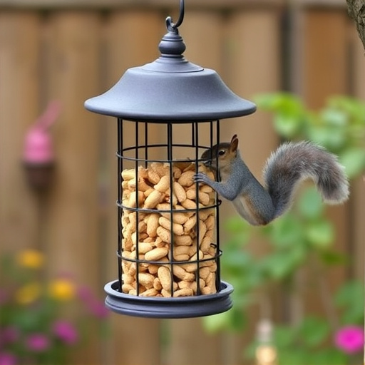 Squirrel-proof peanut feeder hanging in garden