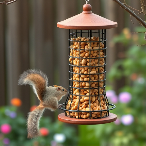 Squirrel-proof peanut feeder hanging in garden