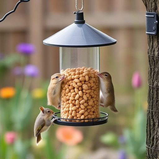Squirrel-proof peanut feeder hanging in garden