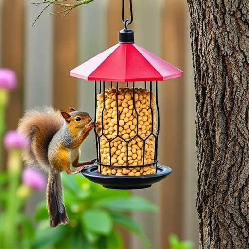 Squirrel-proof peanut feeder hanging in garden