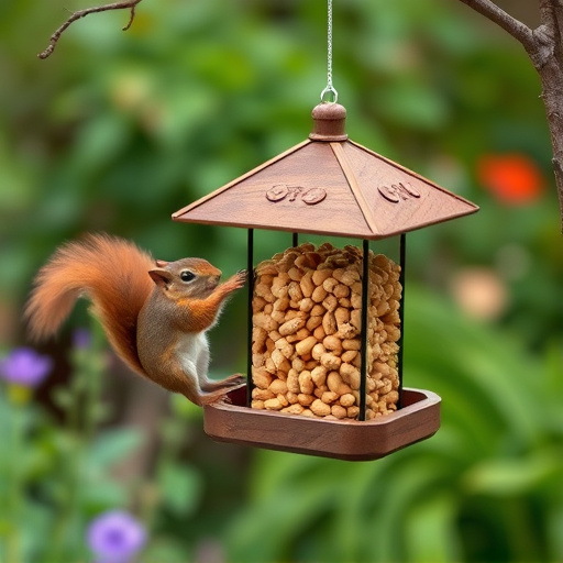 Squirrel-proof peanut feeder hanging in garden