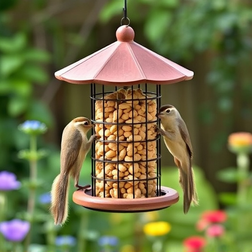 Squirrel-proof peanut feeder hanging in garden