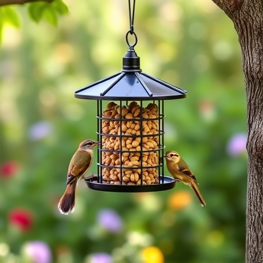 Squirrel-proof peanut feeder hanging in garden