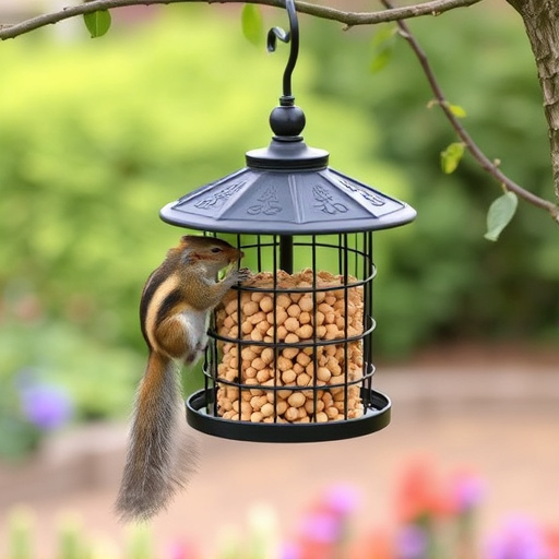 Squirrel-proof peanut feeder hanging in garden