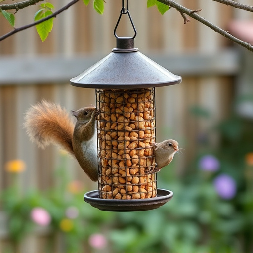 Squirrel-proof peanut feeder hanging in garden
