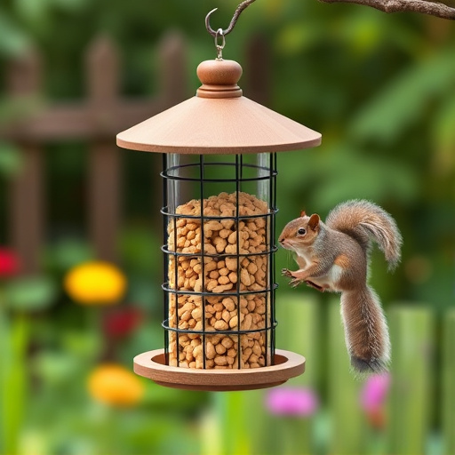 Squirrel-proof peanut feeder hanging in garden