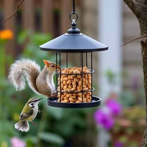 Squirrel-proof peanut feeder hanging in garden