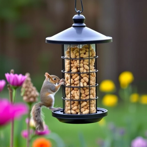 Squirrel-proof peanut feeder hanging in garden