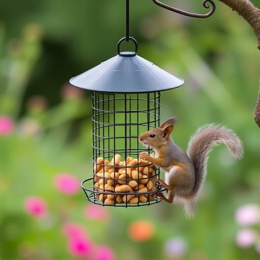 Squirrel-proof peanut feeder hanging in garden
