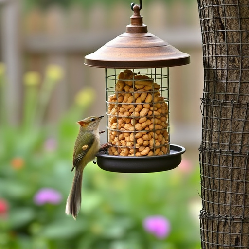 Squirrel-proof peanut feeder hanging in garden