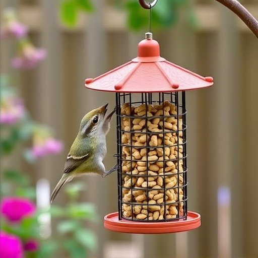 Squirrel-proof peanut feeder hanging in garden