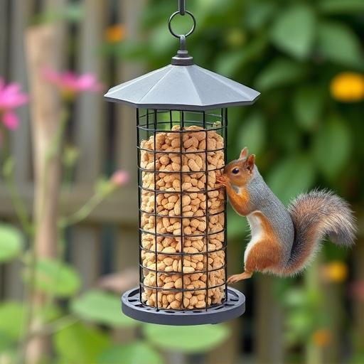 Squirrel-proof peanut feeder in garden