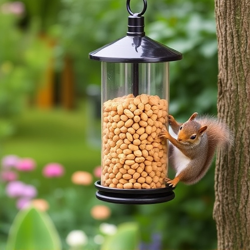 Squirrel-proof peanut feeder in garden