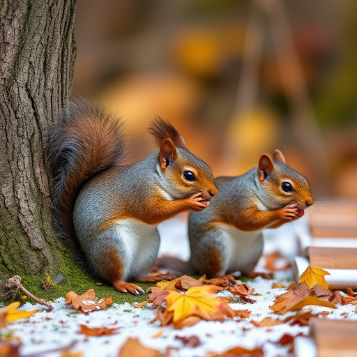 Squirrels near autumn bird food