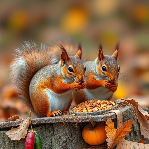 Squirrels near autumn bird food