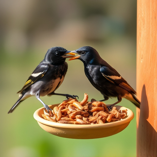 Starlings eating dried mealworms outdoors