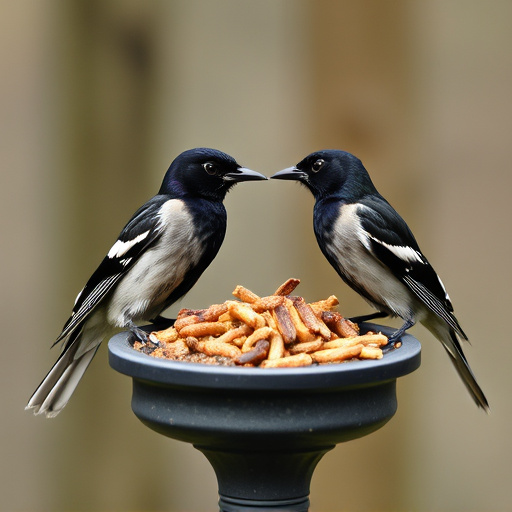 Starlings eating dried mealworms outdoors
