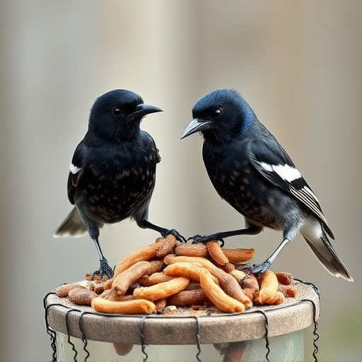 Starlings eating dried mealworms outdoors