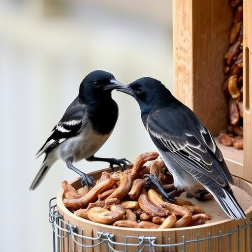 Starlings eating dried mealworms outdoors