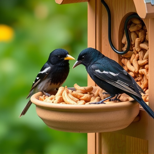 Starlings eating dried mealworms outdoors