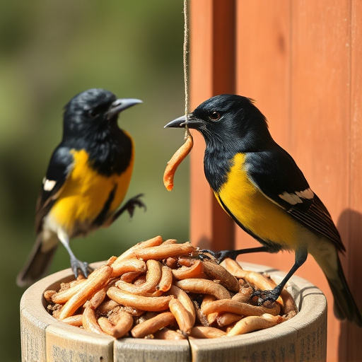 Starlings eating dried mealworms outdoors