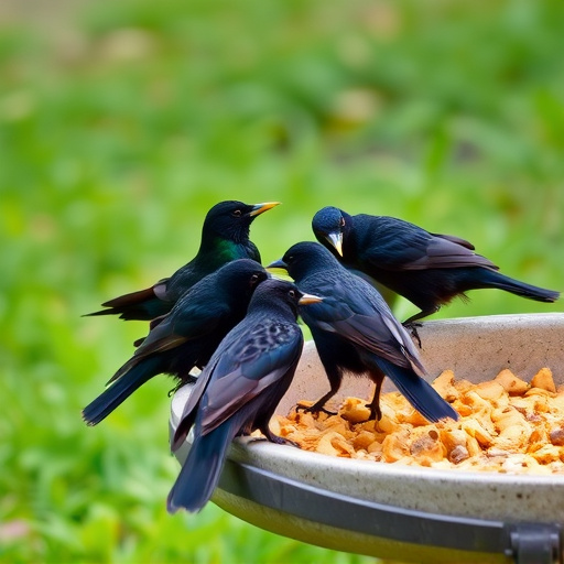 Starlings gathering near food dish