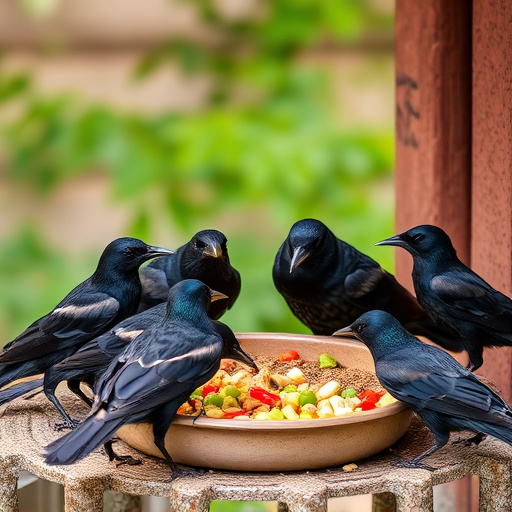 Starlings gathering near food dish
