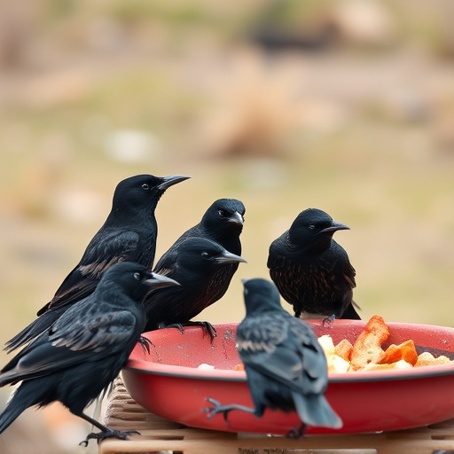Starlings gathering near food dish