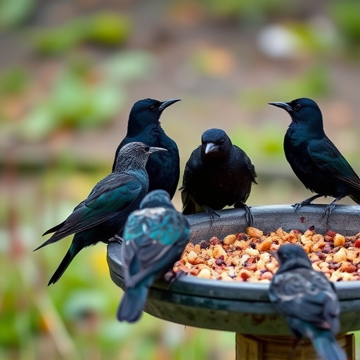 Starlings gathering near food dish