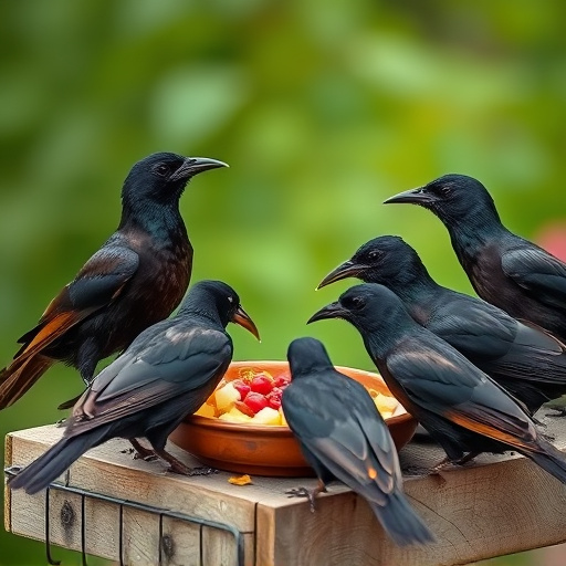 Starlings gathering near food dish