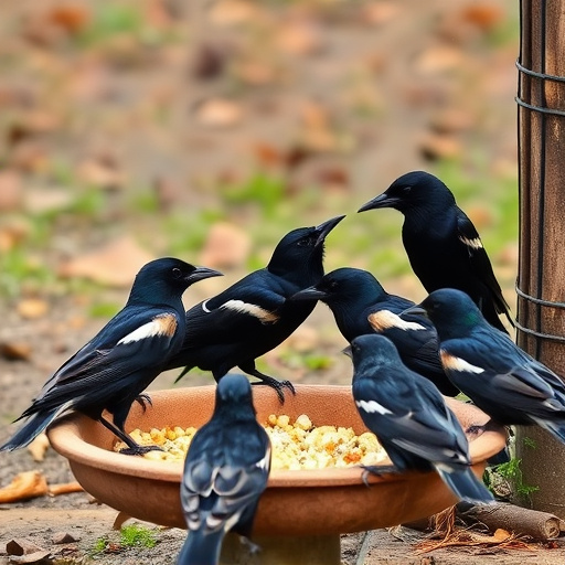 Starlings gathering near food dish