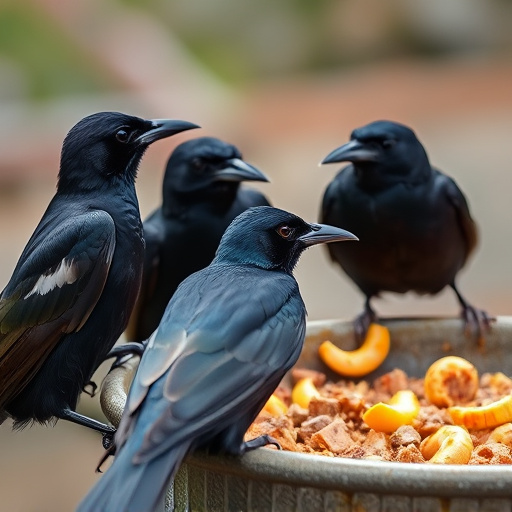 Starlings gathering near food dish