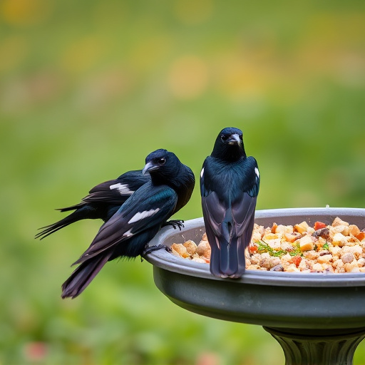 Starlings gathering near food dish