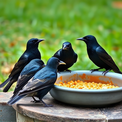 Starlings gathering near food dish