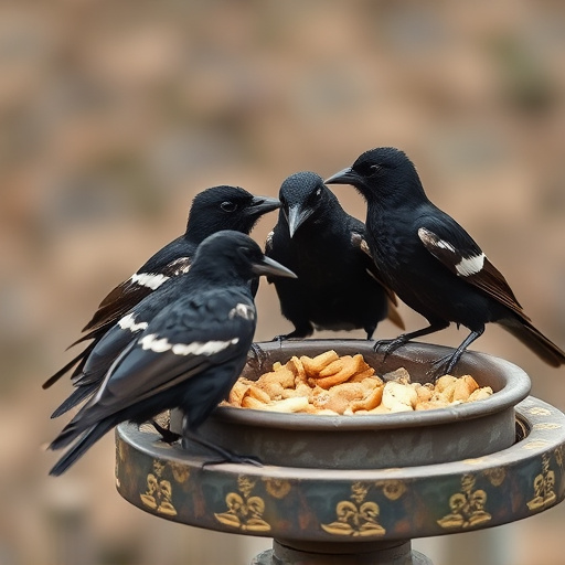 Starlings gathering near food dish