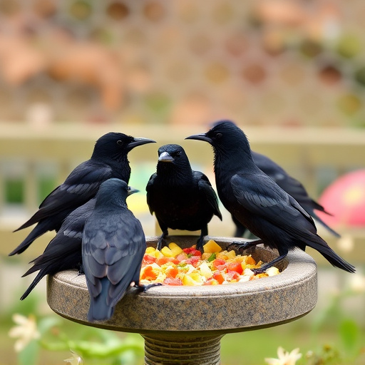 Starlings gathering near food dish