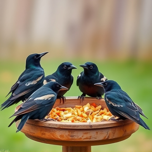 Starlings gathering near food dish