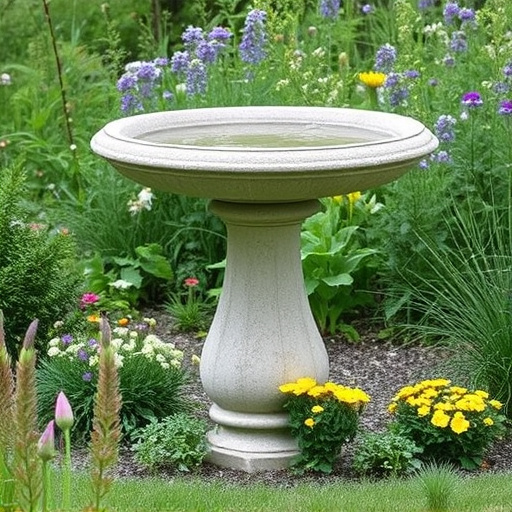 Stone bird bath surrounded by wildflowers