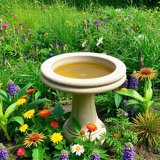 Stone bird bath surrounded by wildflowers
