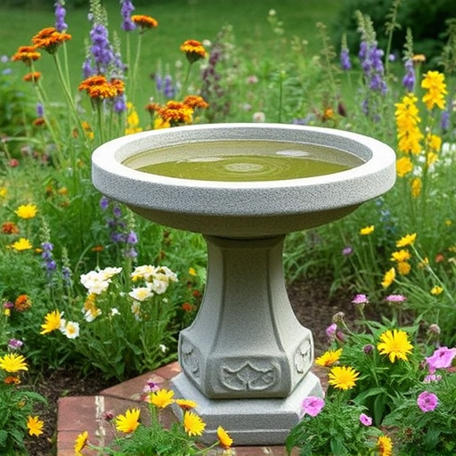 Stone bird bath surrounded by wildflowers