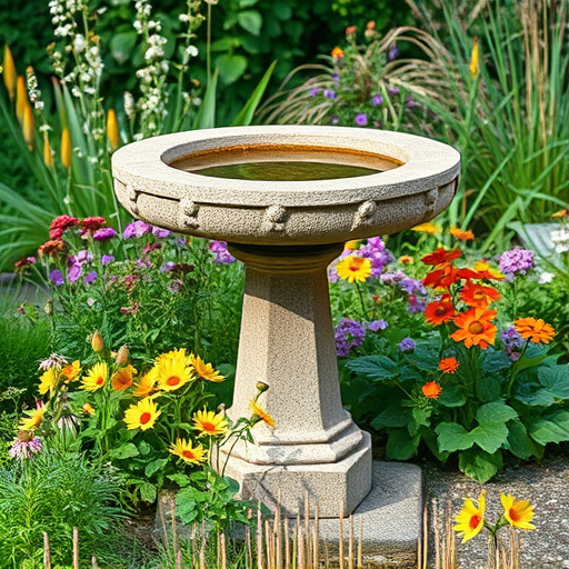 Stone bird bath surrounded by wildflowers