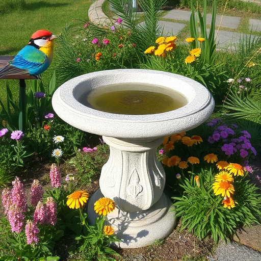 Stone bird bath surrounded by wildflowers
