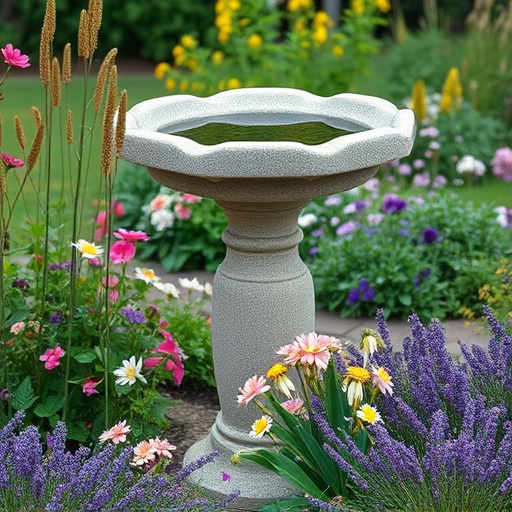 Stone bird bath surrounded by wildflowers