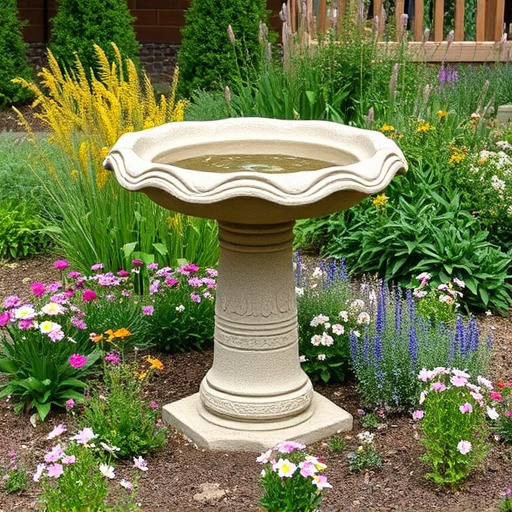 Stone bird bath surrounded by wildflowers